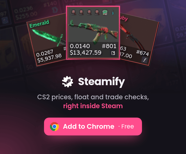 Steamify: CS2 prices, float and trade checks right inside Steam. Add to Chrome for free.