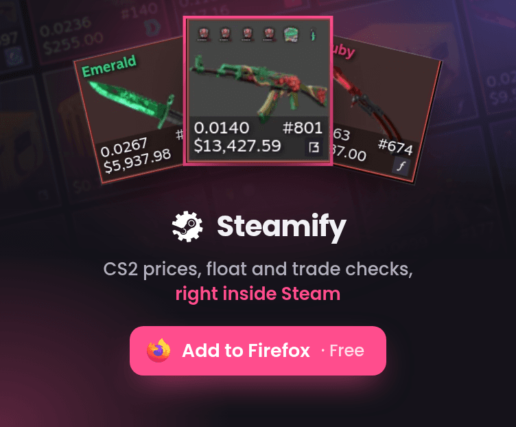 Steamify: CS2 prices, float and trade checks right inside Steam. Add to Firefox for free.